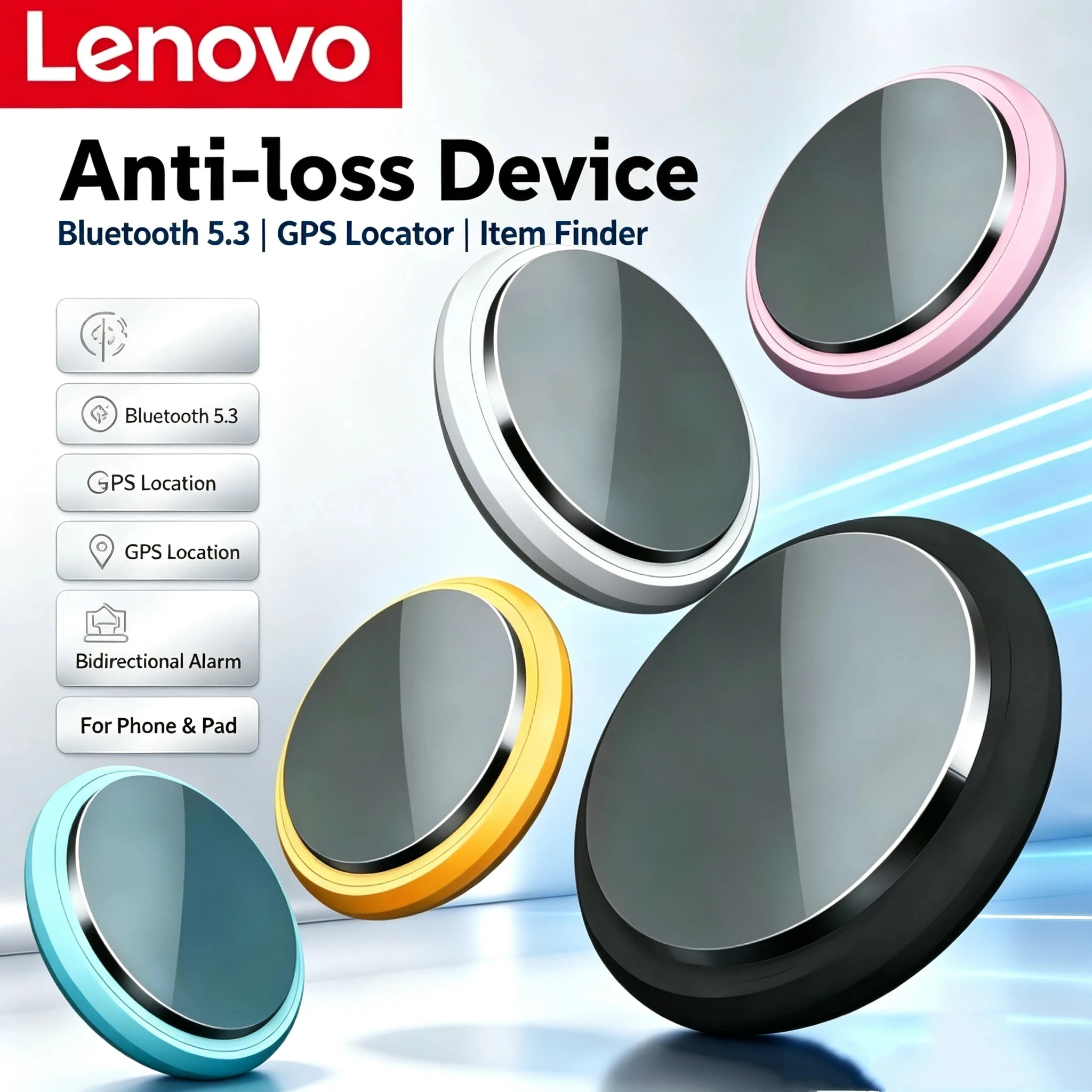 Lenovo GPS Smart Tracker Anti-Verlust-Gerät Drahtloser Ortungsgerät für Haustiere, Taschen, Geldbörsen, Schlüssel, Erinnerungsfunktion, Bluetooth 5.3 für iPhone und Android