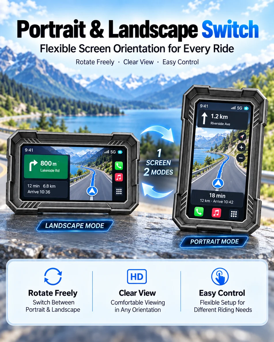 Jansite 5 inch Motorcycle GPS Navigation BT5.0 Wireless Carplay Android Auto Digital Dashboard Moto Monitor Screen Rotation