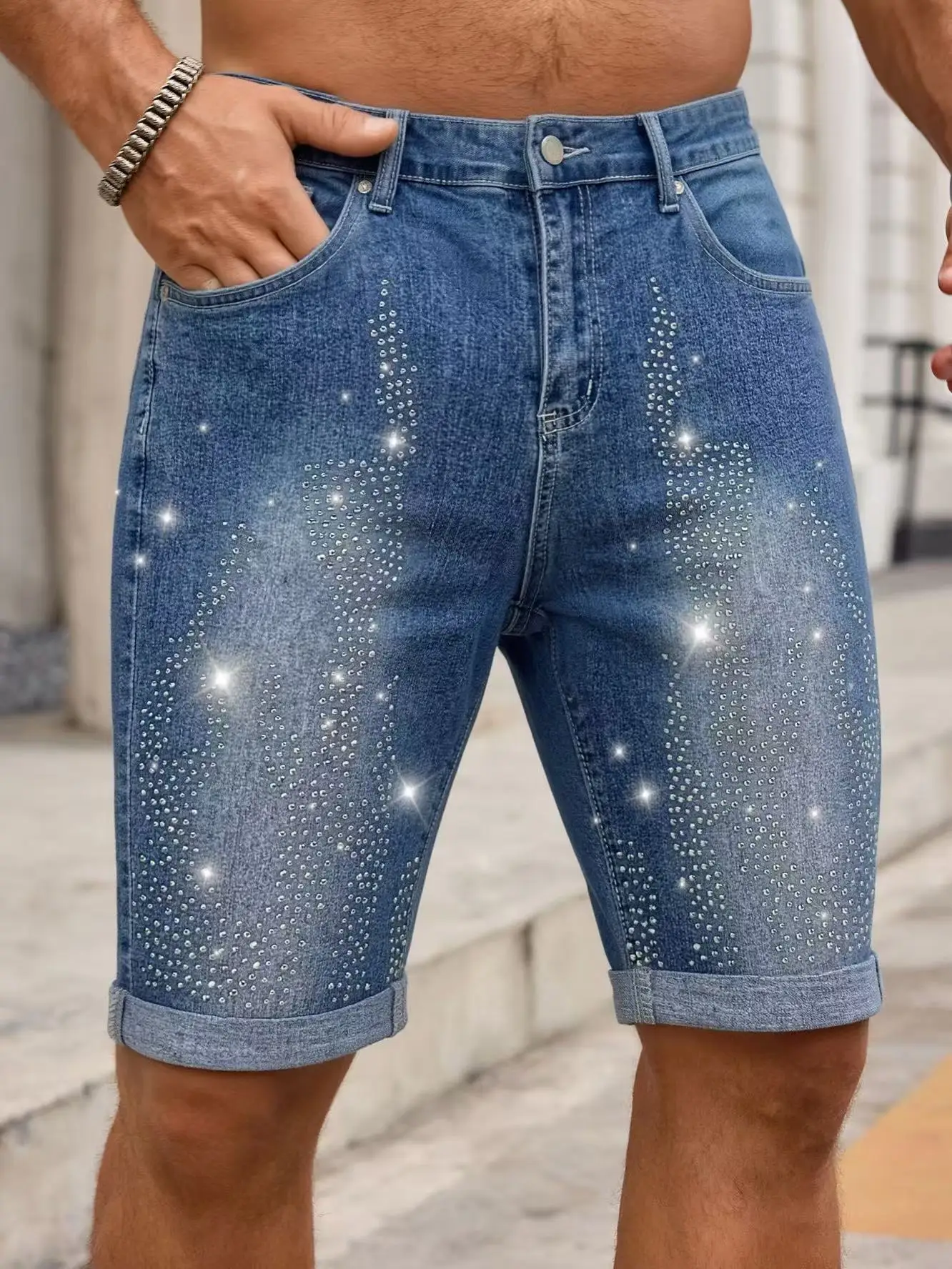 

Men's Rhinestone Denim Shorts Summer Streetwear Jeans
