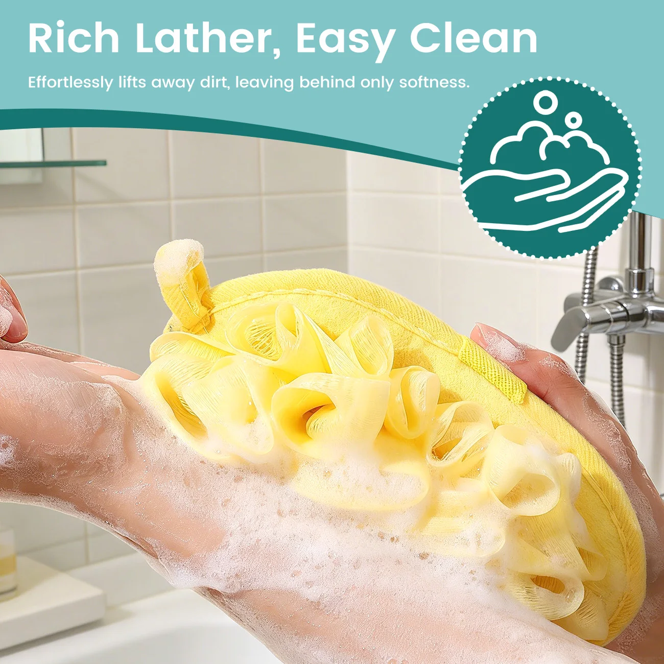 2-in-1 Cute Dinosaur Bath Flower & Scrub Cloth - 3-Second Lathering Shower Puff Skin-Friendly Double-Sided Exfoliating Bath
