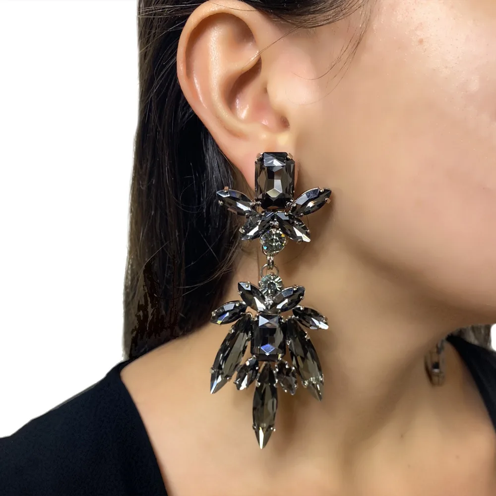 Stonefans Black Crystal Earrings Studs for Women Large Luxury Design Jewelry Oversize Accessories Statement Rhinestone Earrings