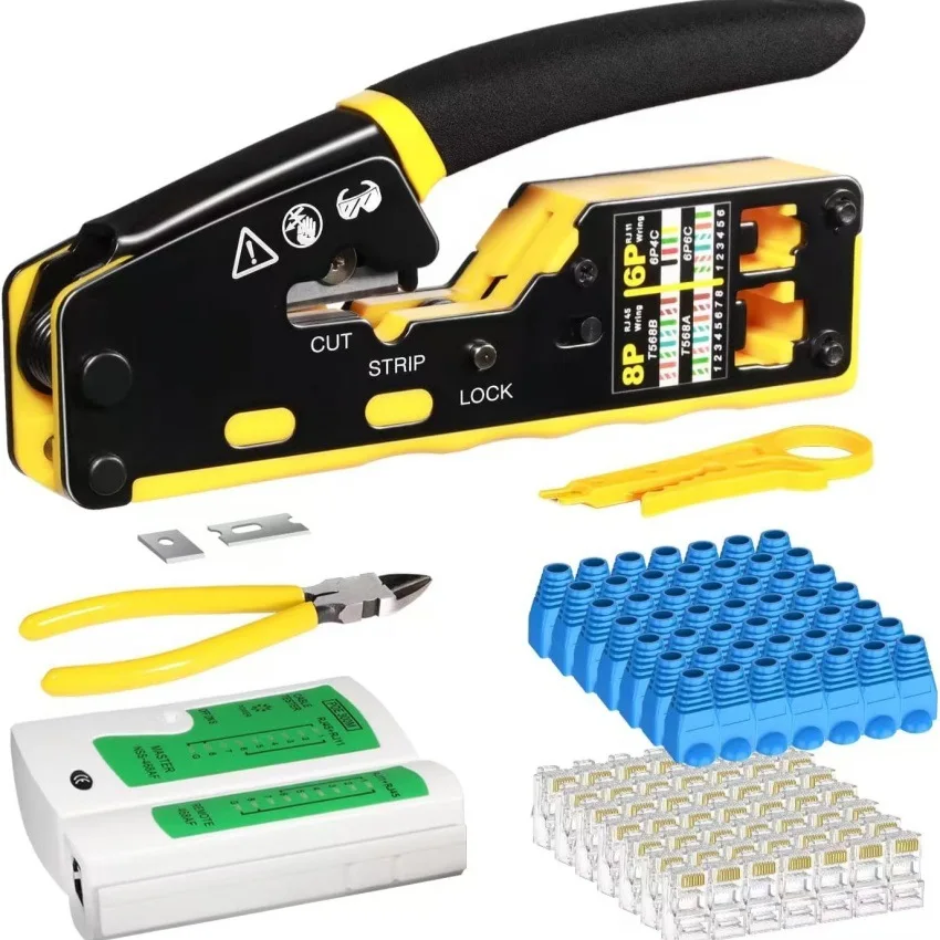 RJ45 Pass-Through Crimping Tool Ethernet Cable Crimper Cat5e Cat6 Cat6A 6P8P Network Wire Connector Tool Kit Professional
