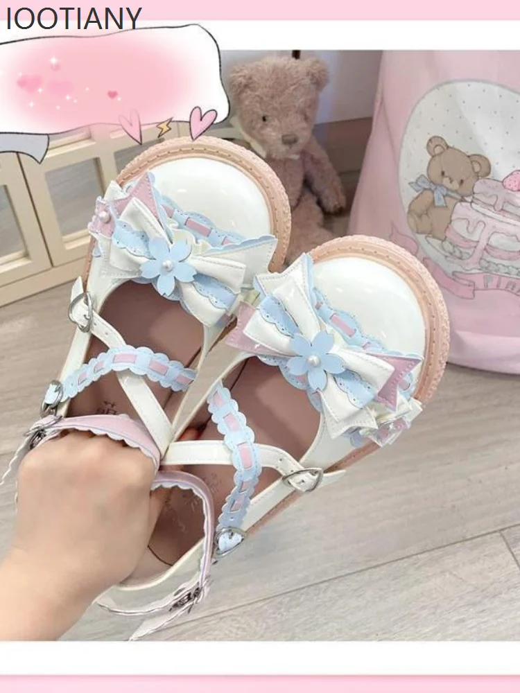연인 귀여운 로리타 보우 싱글 신발 여성 여름 매직 카드 벚꽃 신발 일본 Jk 학생 작은 가죽 신발