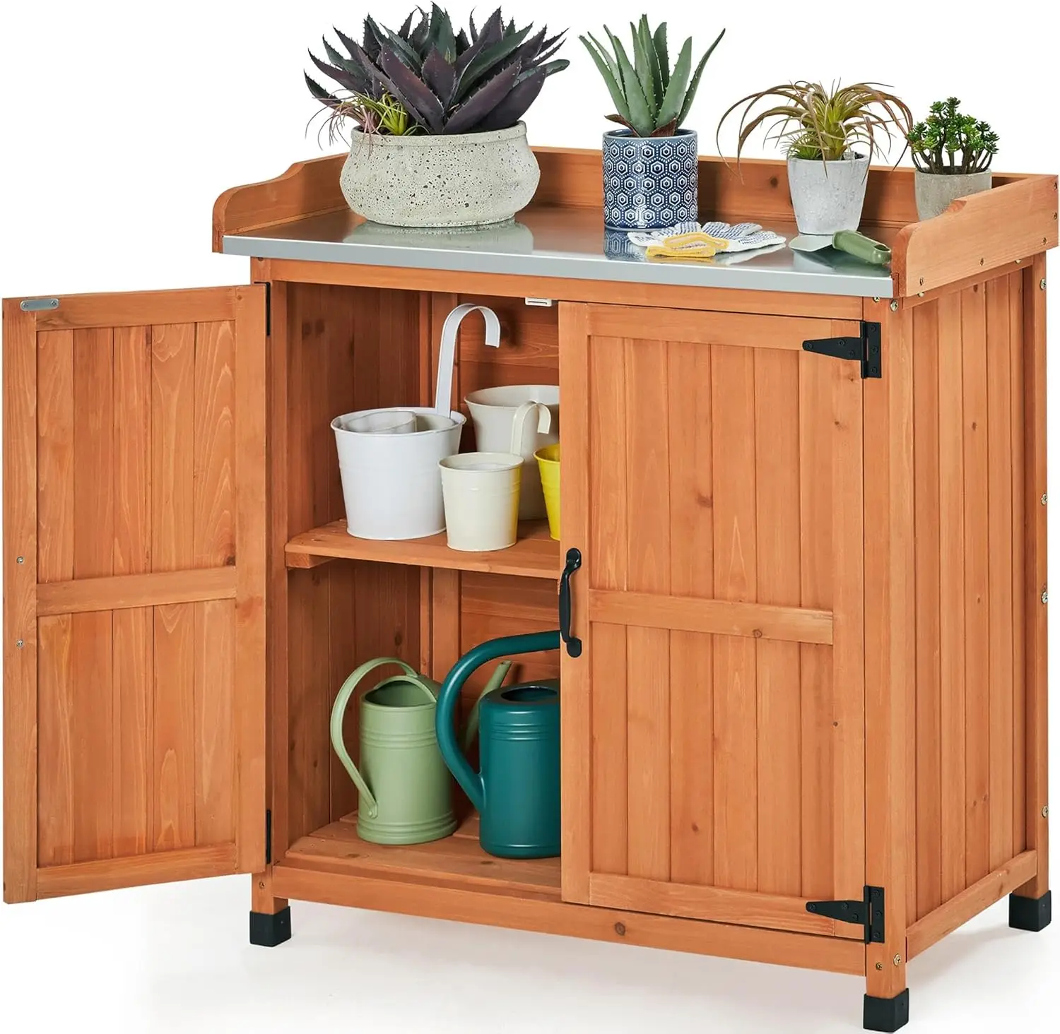 Garden Potting Bench Table - Outdoor Garden Patio Wooden Storage Cabinet & Solid Wood Planting Work Bench with Large Space