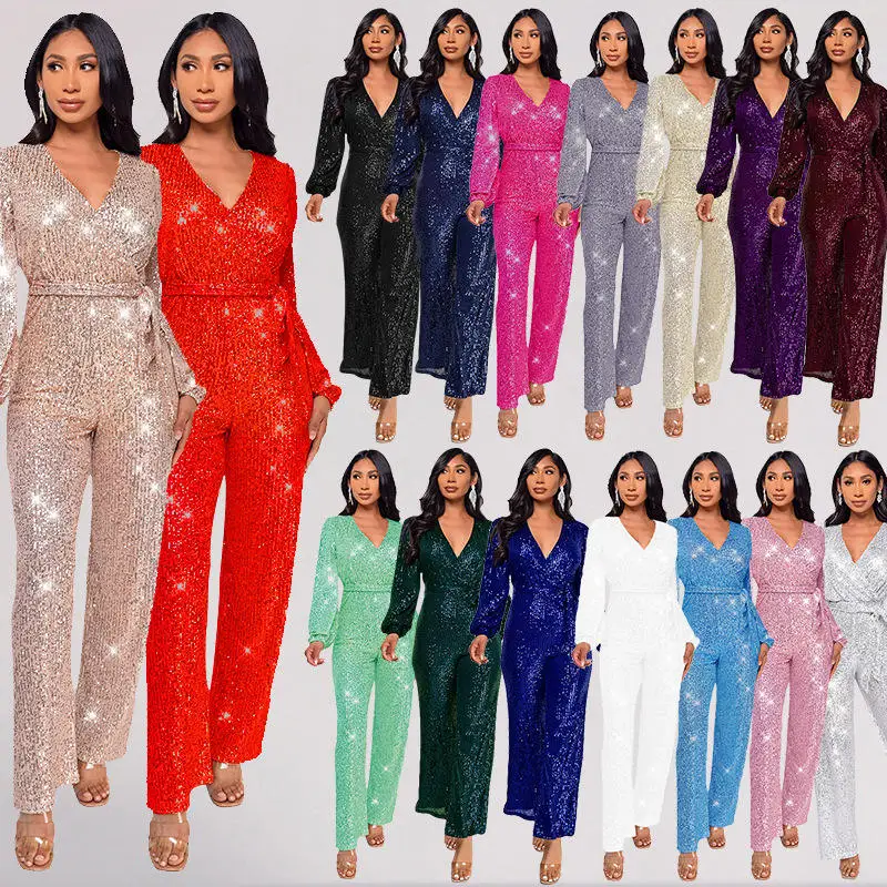 سروال Ele Long Sve متلألئ عميق على شكل حرف V للنساء بخصر عالٍ وحزام دكتور سلي للشتاء