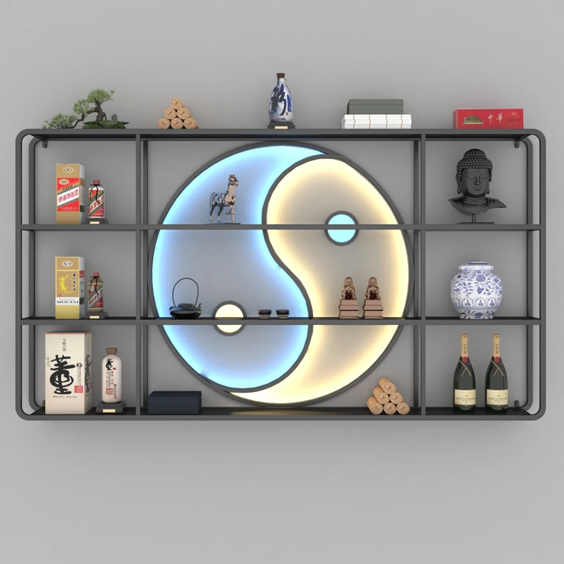 

Guofeng Taiji Study Tea Room Health Club Bogu Yin and Yang Background Wall Hanging Display White Wine Rack Cabinet Customization
