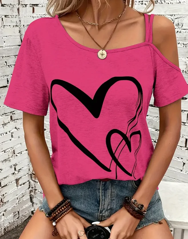 Women's Fashion T Shirt 2025 Spring Summer Latest Style Heart Pattern One Shoulder Short Sleeve Top Casual Loose Fit Blouses