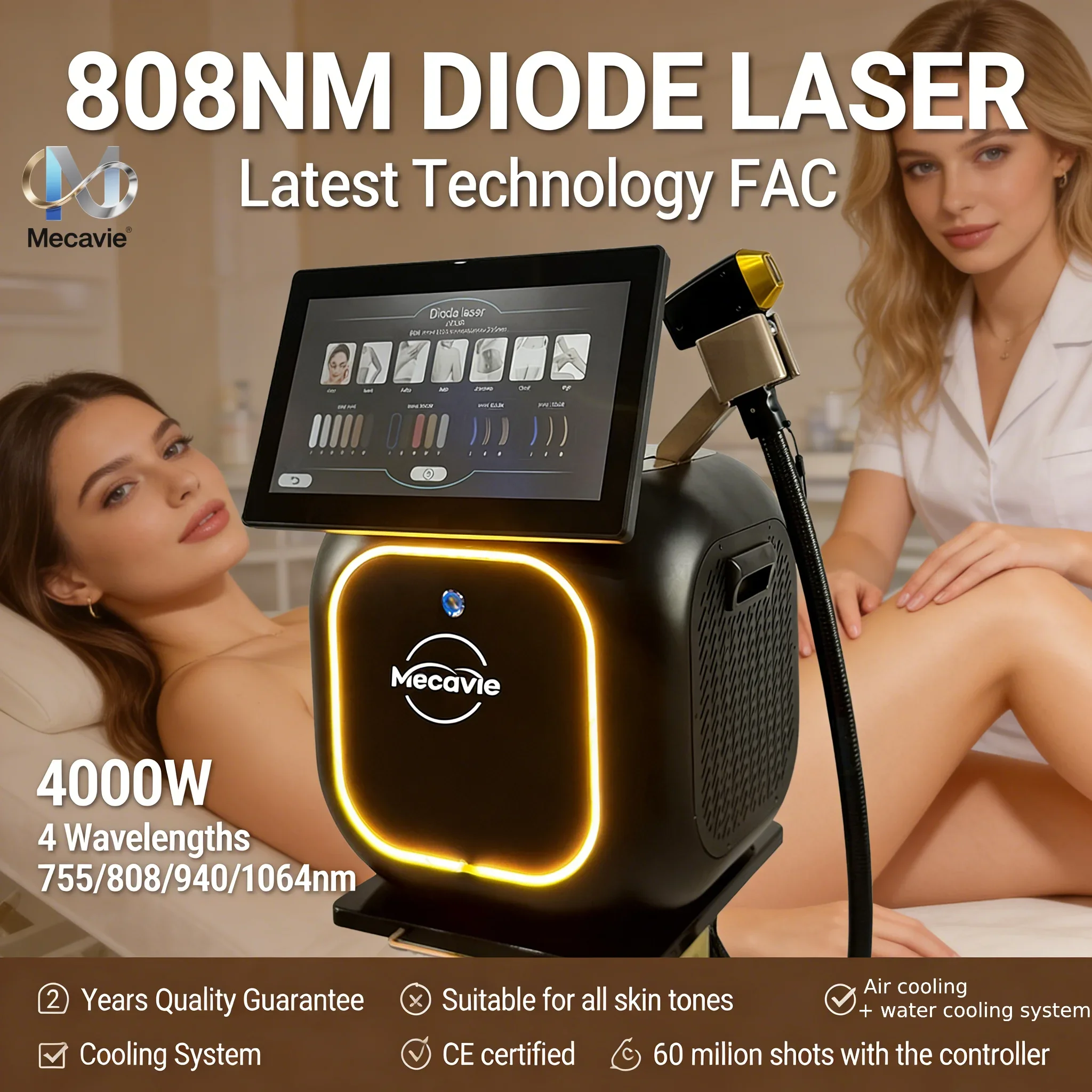 4 Waves  808nm Diode Ice Titanium Laser Body Hair Removal MachineFace Hair Remove for Salon Epilator Unisex Efficient operation