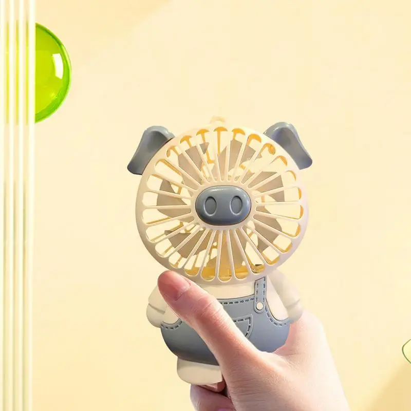 Handheld Fan Mini Cute Pig Personal Fan With Rechargeable Battery And Lights Cartoon Portable Fan With 2 Speed Level For Women