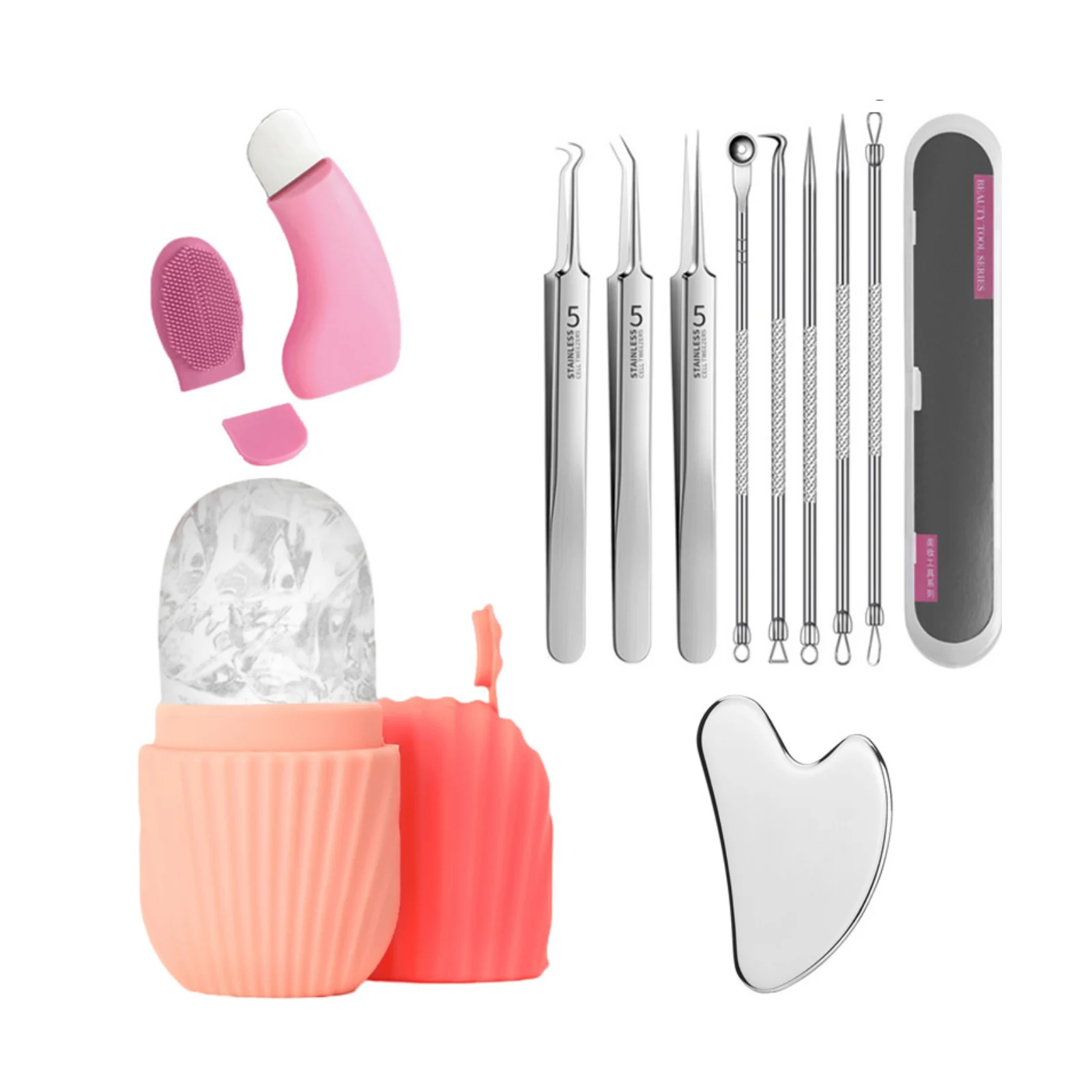 Gezichtsverzorging schoonheidsset, oogijsroller, puistjespincet, mee-eterschraper, combinatieset, gezichtsreiniging en huidverzorgingstool