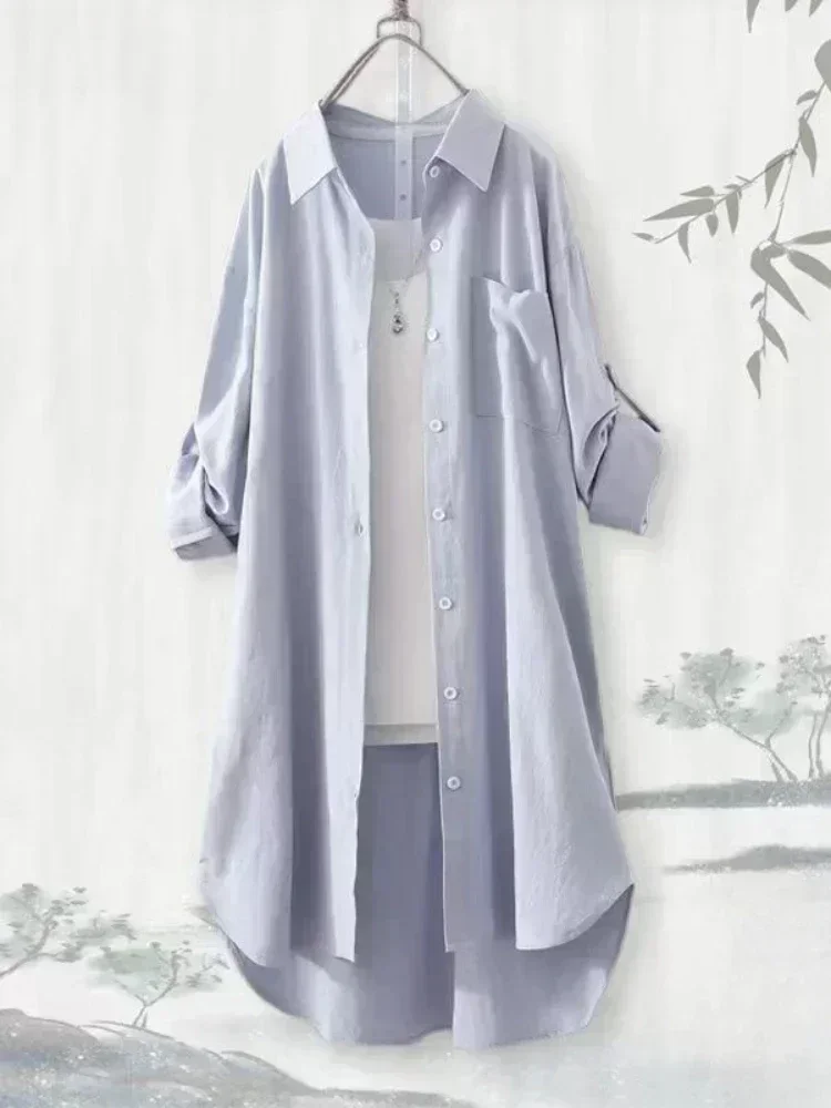 Blusa de manga larga sencilla de talla grande para mujer, camisa transpirable holgada de estilo coreano elegante, Tops tipo túnica por debajo de la rodilla informales de Color sólido para otoño