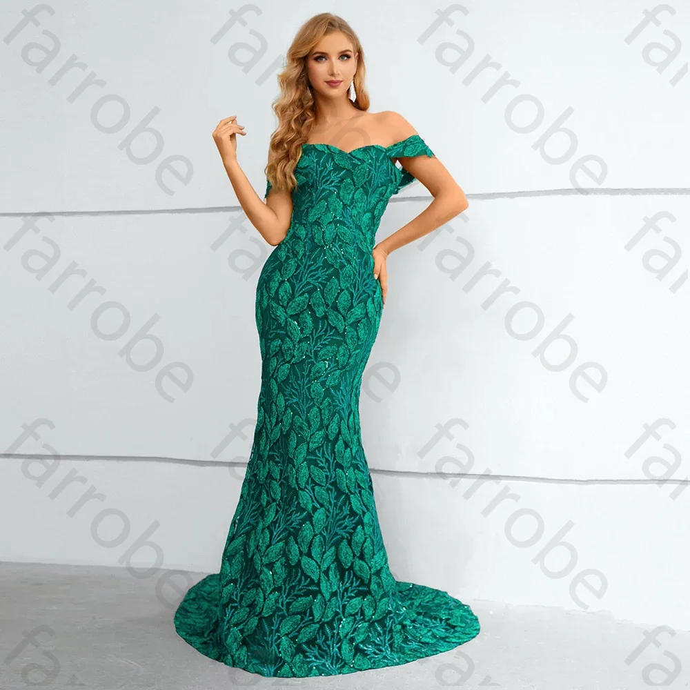 

Customized Emerald Green Prom Dresses Stunning Off Shoulder Lace Evening Gown Short Sleeves Floor Length Women Formal Party Gown