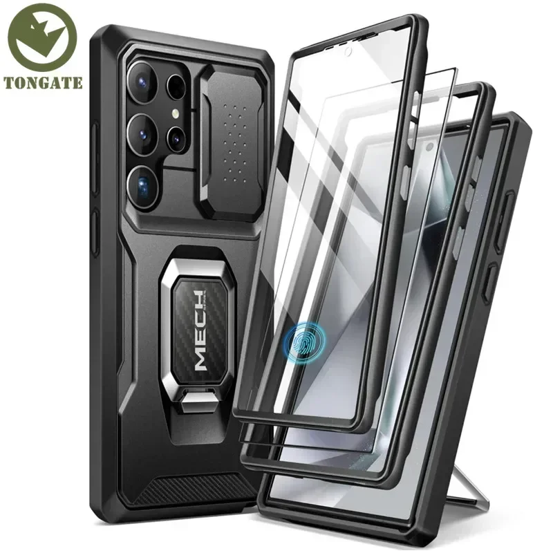 TONGATE for Samsung Galaxy S24 Ultra Case Bulit-in Slide Camera Cover Ring Kickstand Screen Protector Military Grade Phone Case