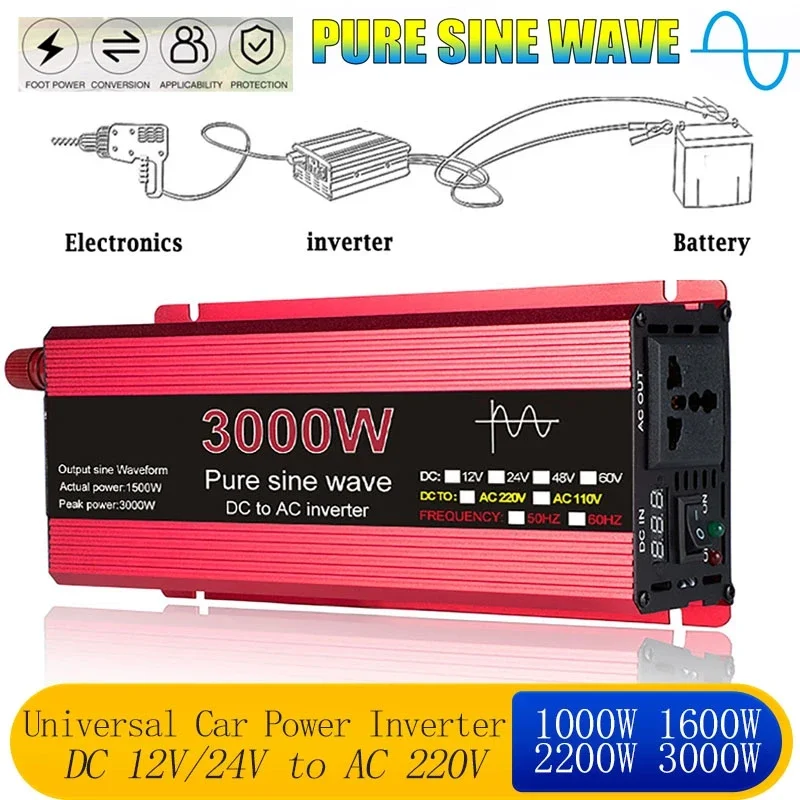 Universal Pure Sine Wave Car Inverter DC 24V 12V  to 220V 50Hz Universal Sockets Off Grid Voltage Transformer Power Converter