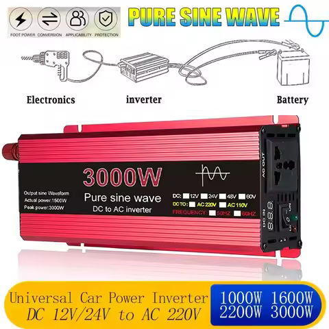 Universal Pure Sine Wave Car Inverter DC 24V 12V to 220V 50Hz Universal Sockets Off Grid Voltage Transformer Power Converter