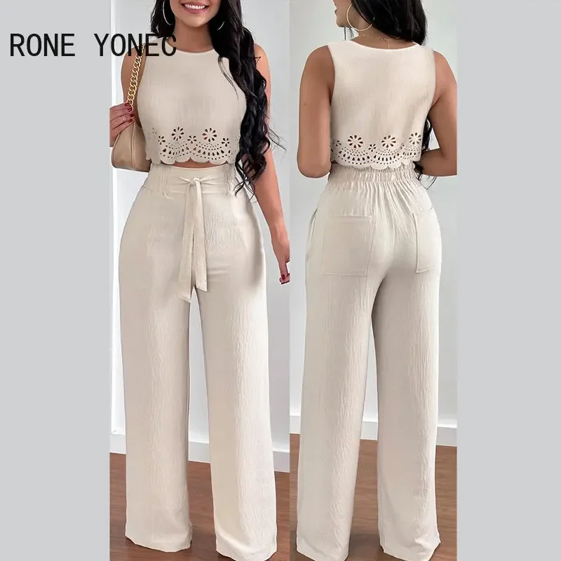 2023 Women Fashion Solid Sleeveless Crop Top & Long Straight Leg Pants Elastic Waist Hook Flower Hollow Women Sets