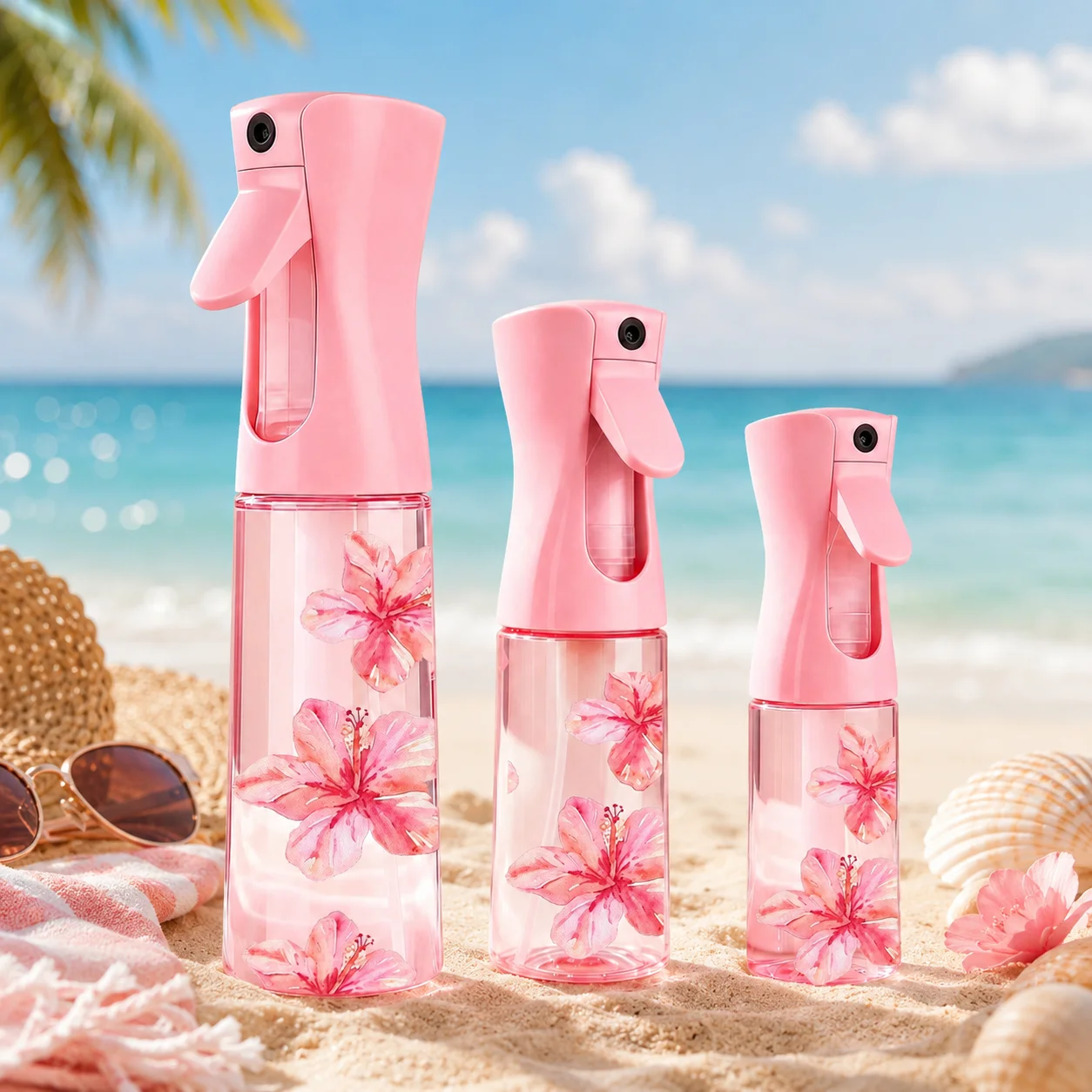 200/300/500ML Pink Floral Continuous Mist Spray Bottle, Refillable Fine Mist Water Sprayer for Hair Salon Plants Travel