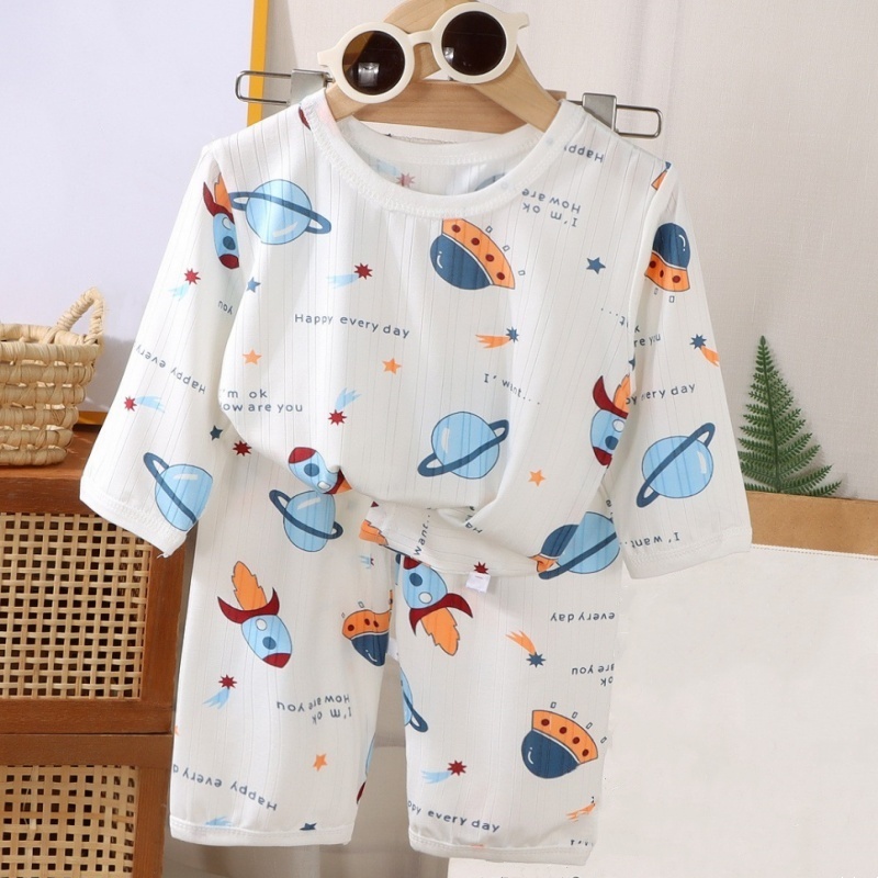  Kids Boys Girls Baby Pajamas 2-Piece Set Summer Breathable Soft Fabric Home Cute New Cartoon Rocket Spacecraft Car Sleepwear Set 