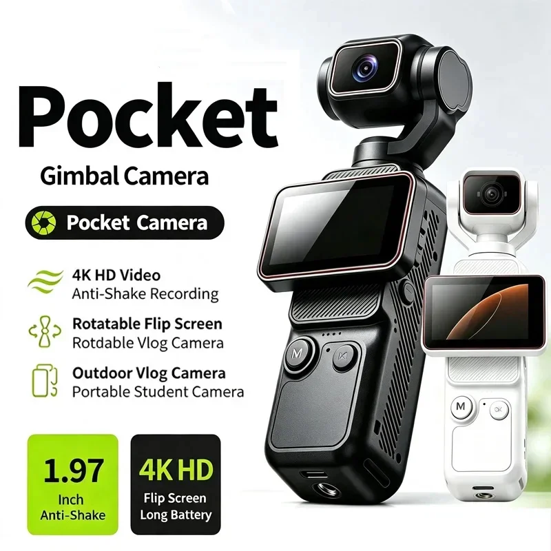新型4kハンドヘルドジンバルアクションカメラhd-180-°-回転式レンズ、手ブレ補正機能付きポケットvlogカメラ、屋外スポーツ用フィルライト付き