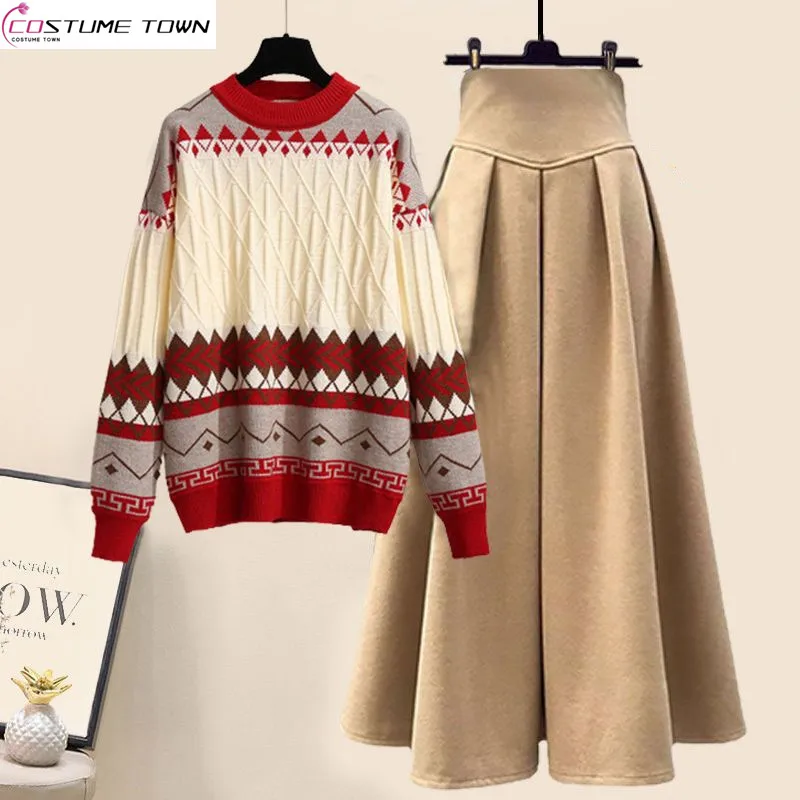 Oversized Women's Winter Set 2023 New Small Fragrant Style Reduced Age Sweater Waist Slim Half Skirt Two Piece Set