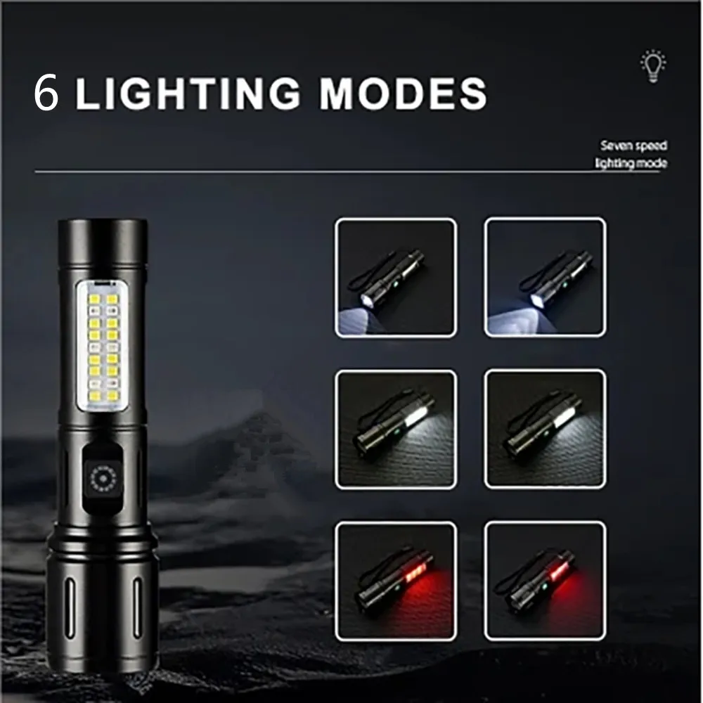 High Power Spotlight Long LED Flashlight Side COBAluminum Alloy Type-C 7 Modes Zoomable Ultra Bright Torch Emergency Lighting