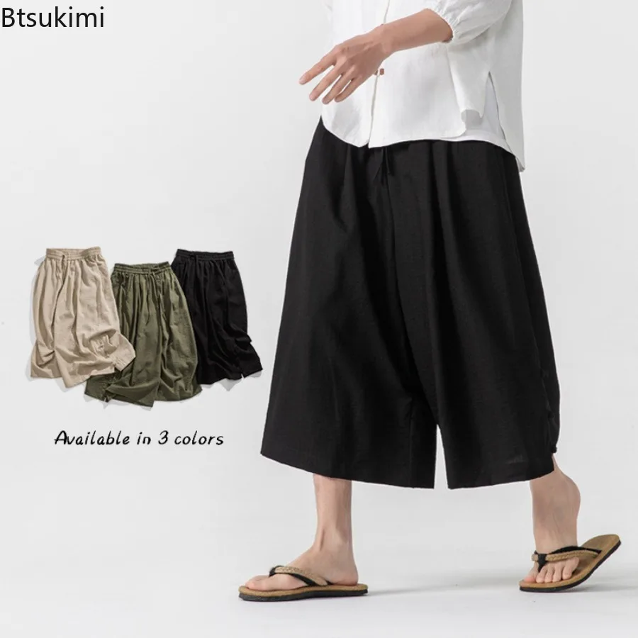 Verão masculino estilo chinês algodão linho calças casuais calças largas soltas respirável confortável harajuku roupas masculinas de grandes dimensões