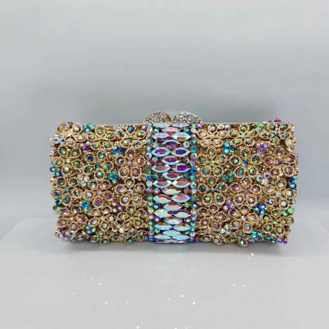 

Best Christmas Gift AB Rhinestone Diamond Evening Clutches For Wedding And Party Purse Luxury Women’s Gold Flower Shoulder Bags