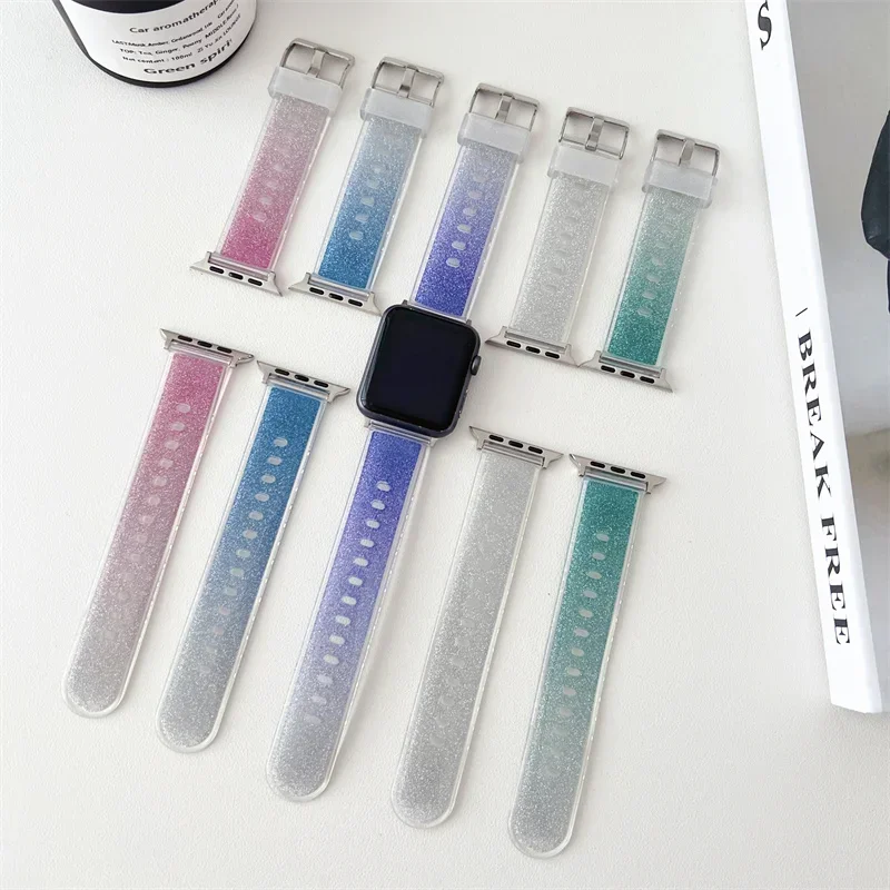

Силиконовый прозрачный ремешок для Apple Watch Band ultra 2 49 мм 45-41 мм 46 мм 44 мм 40 мм Bling браслет iwatch series 10 9 8 7 6 5 SE