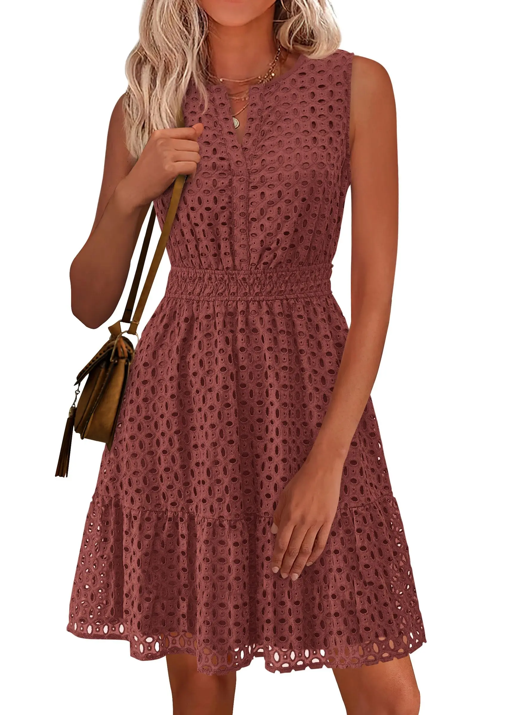

Women Sleeveless V Neck Eyelet Hollow Out Swing A Line Summer Beach Dress