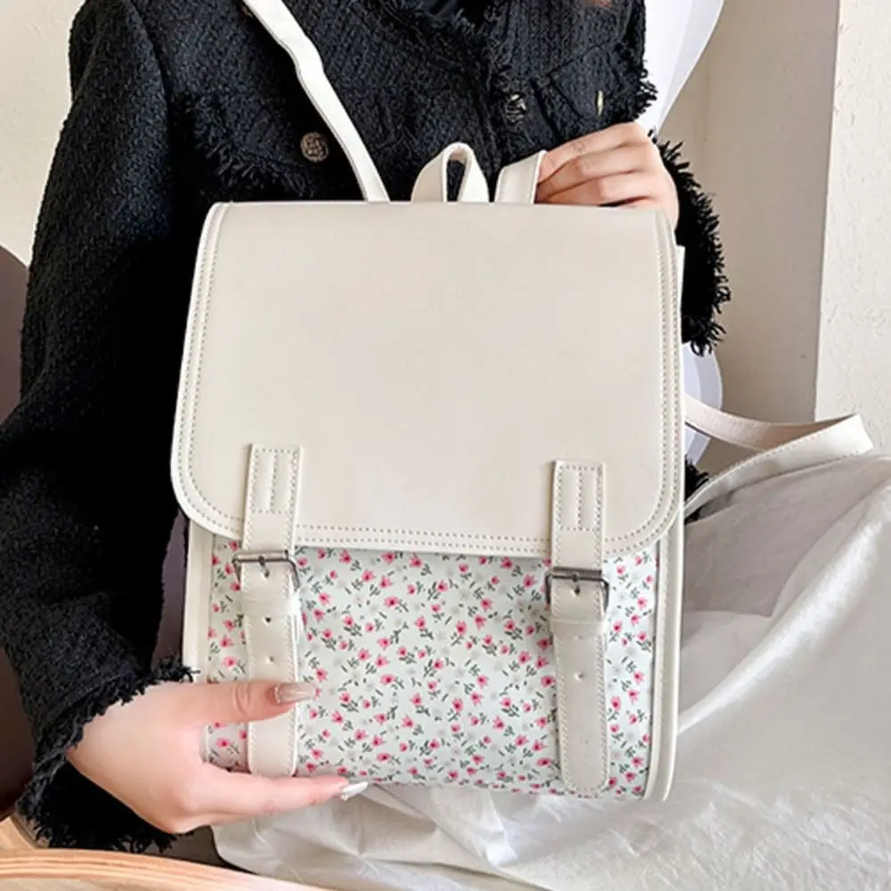 Handtasche, modischer Klappenrucksack, großes Fassungsvermögen, College-Stil, PU-Leder, Flip-Schultasche, vielseitiger quadratischer Blumen-Schulrucksack