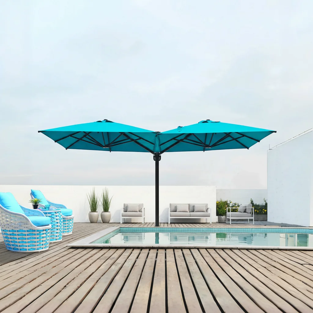 CustomizeDouble Sided Patio Umbrella 3m Twin Canopy With Base UV Resistant Full Aluminum Frame Waterproof Outdoor Patio Umbrella
