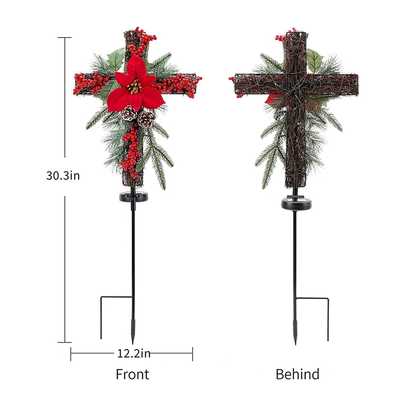 Christmas Cross Stake, Solar Powered with Fairy Lights, Metal Cross, Natural Rattan, Red Poinsettia & Berries