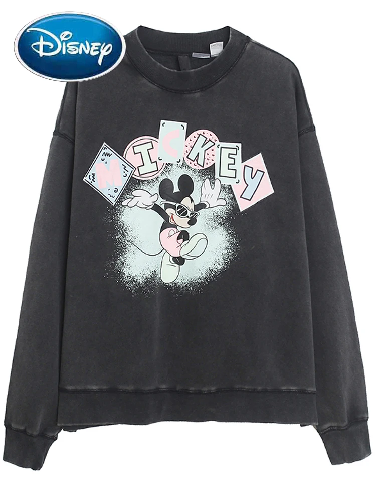 Disney Mickey Mouse Letter Cartoon Print Distress Sweatshirt Harajuku Women O-Neck Long Sleeve Tee Top Black Female Oversize 4XL