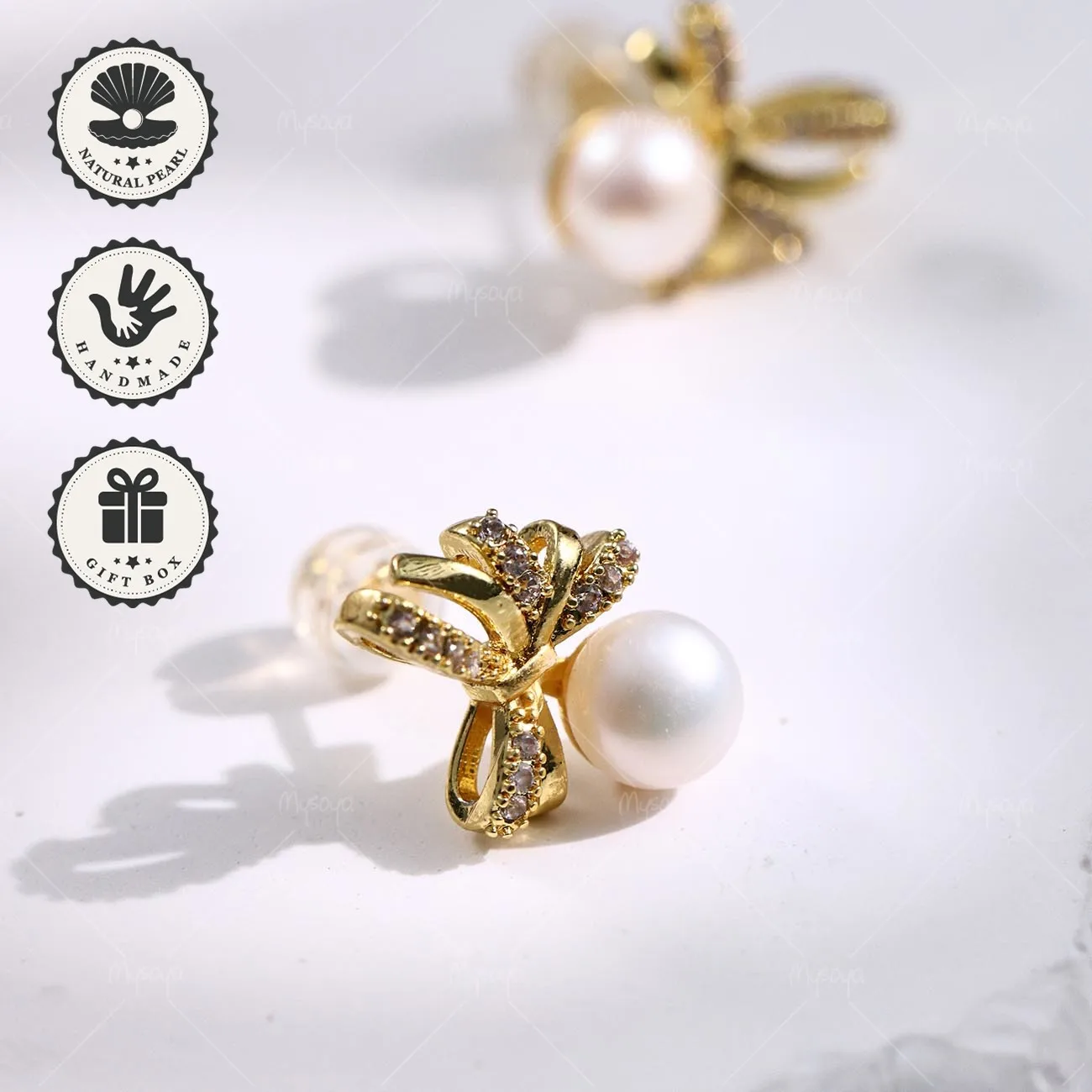 

Mysoya 6–7mm Natural White Bread Freshwater Pearl Golden Bow Earrings Valentine’s Day Birthday Gift for Her