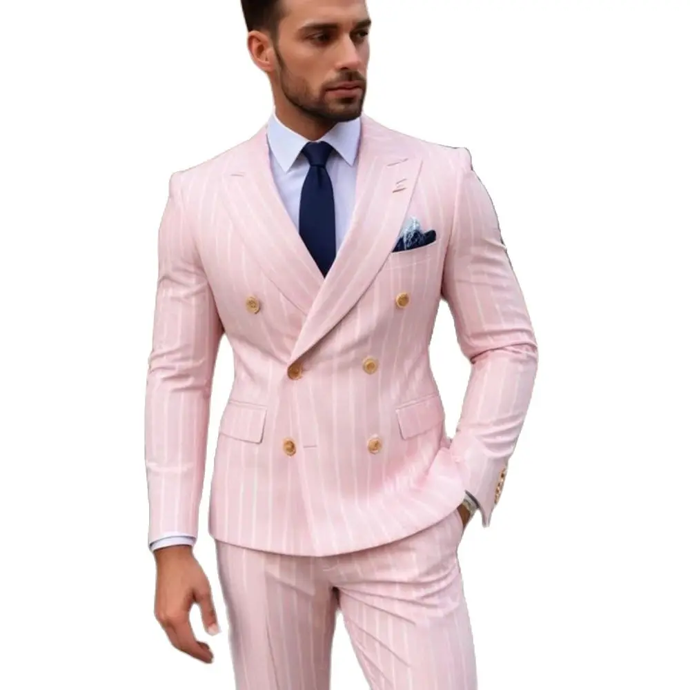 Formal Men\'s Suits Pink Stripe Double Breasted Peak Lapel Blazer High Quality Wedding 2 Piece Jacket Pants Classic Outfits Sets