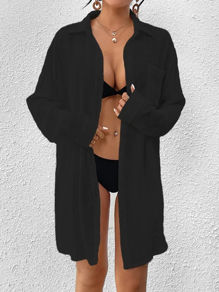 2025 neue Strand-Vertuschungen für Damen, Bikini-Vertuschung, einreihige Tasche, einfache Langarm-Sommermode, Hemdkleid, Strandmode