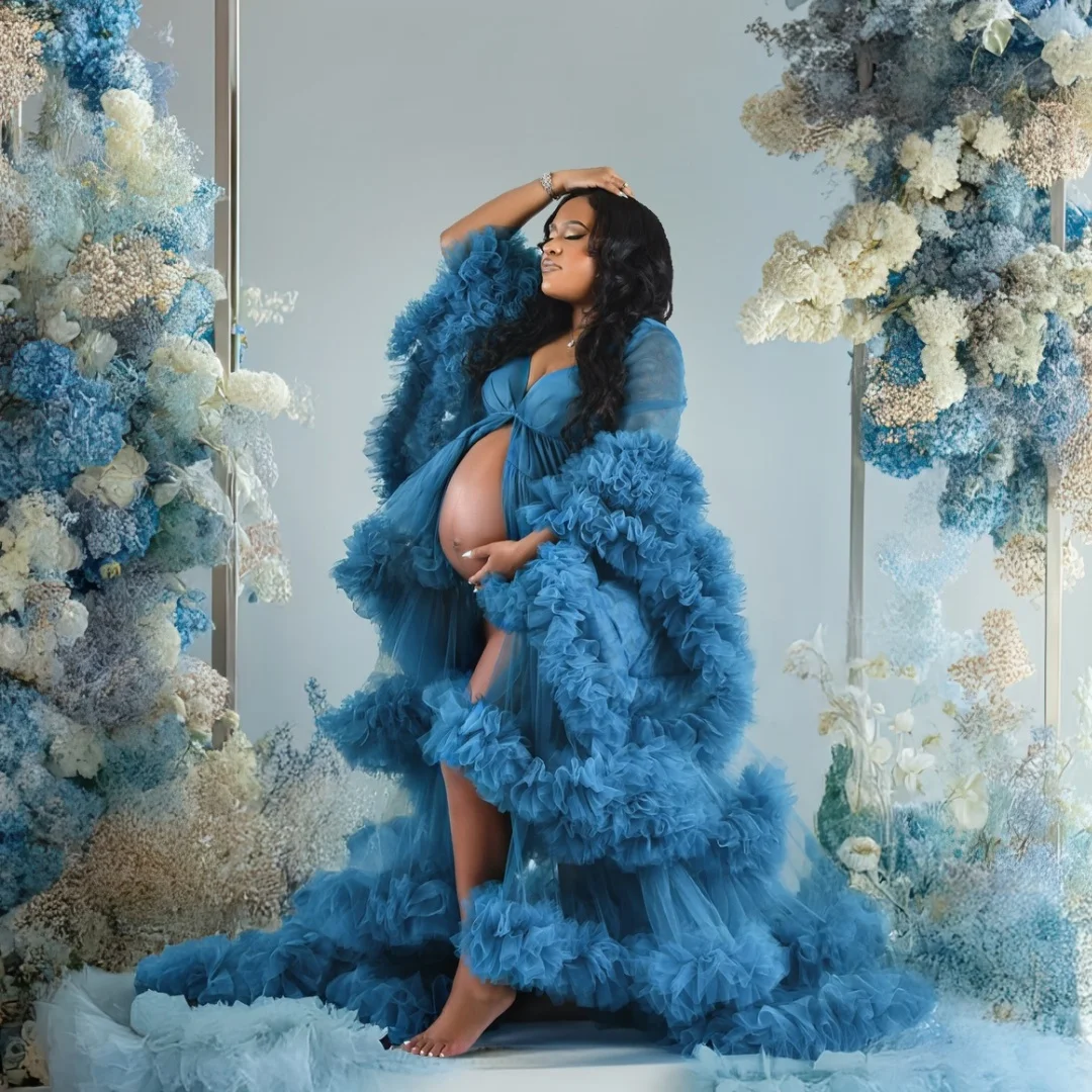 Blue Prom Dresses Plus Size Long Sleeves Maternity Photoshoot Dress Tulle Ruffles Baby Shower Gown Photography Props Customized