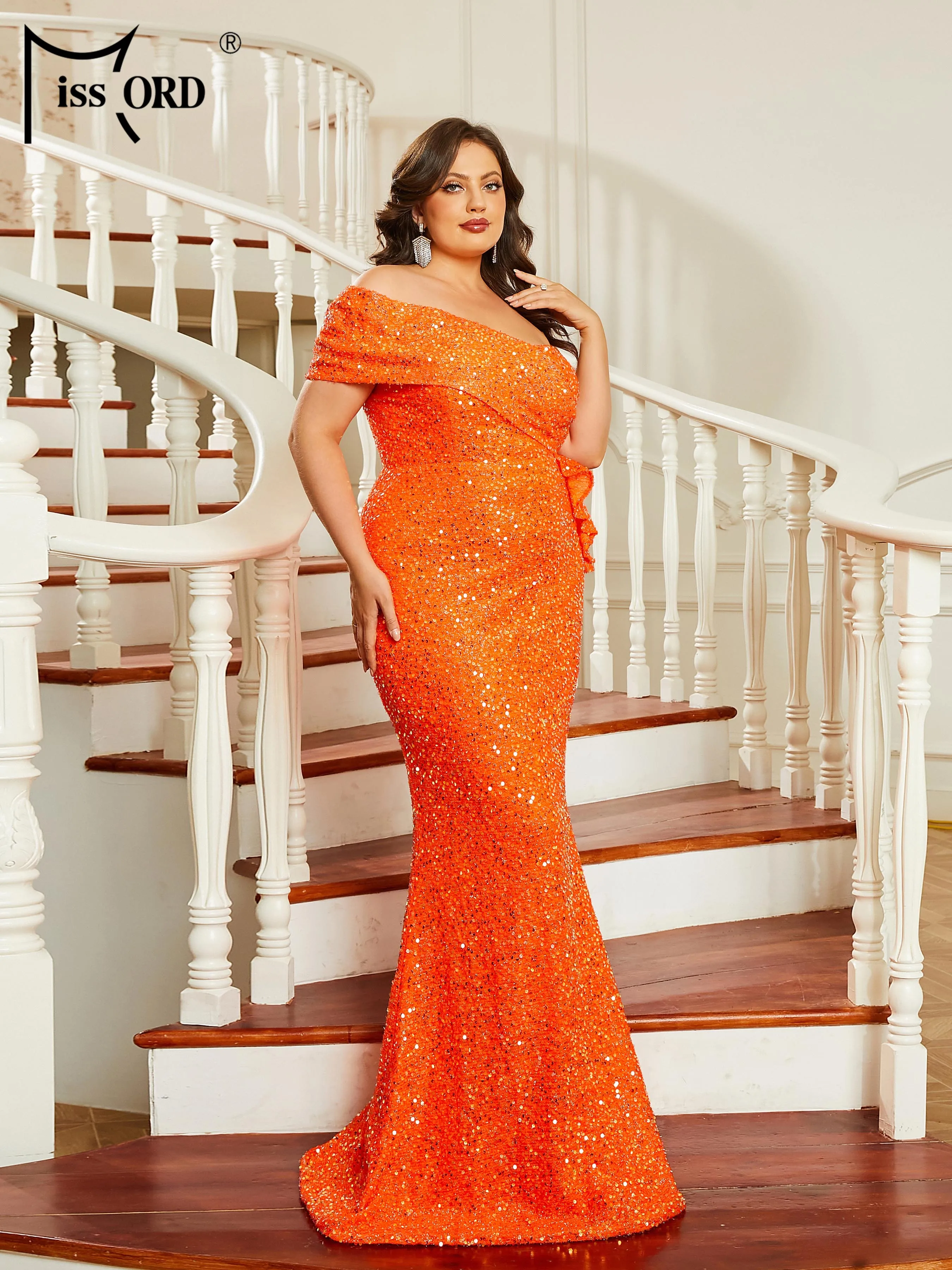 Missord Orange Sequin Plus Size Prom Dress Elegant Women One Shoulder Sleeveless Ruffles Bodycon Part Prom Dresses Long Gown