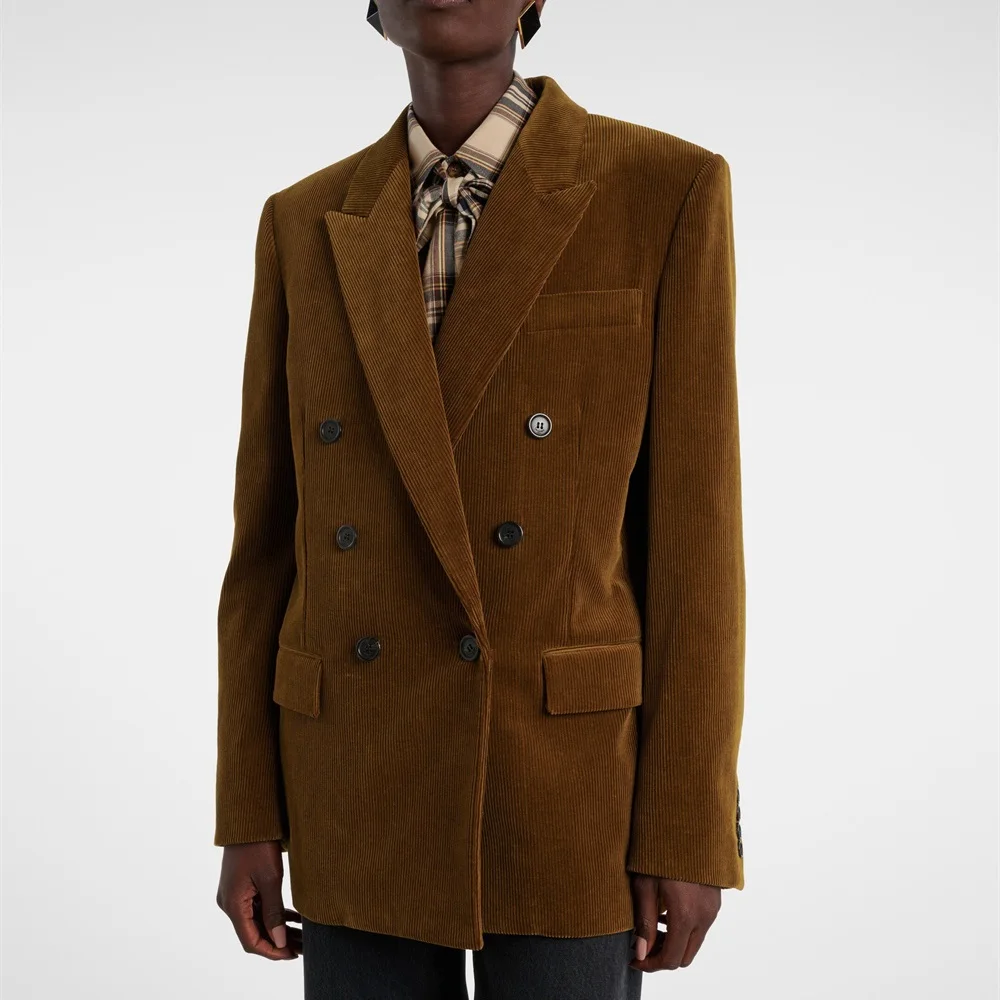 

2025 Fall Women's Suit Jacket Corduroy Double-Breasted Casual Women's Outerwear Y2K Clothes New Fashion High-Quality Coat bra