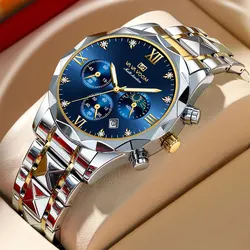 Stainless Steel Mens Watch Multifunctional Sub Dial Luxury Rhinestone Blue Gold Dial Fashionable Business Style Quartz Men Watch