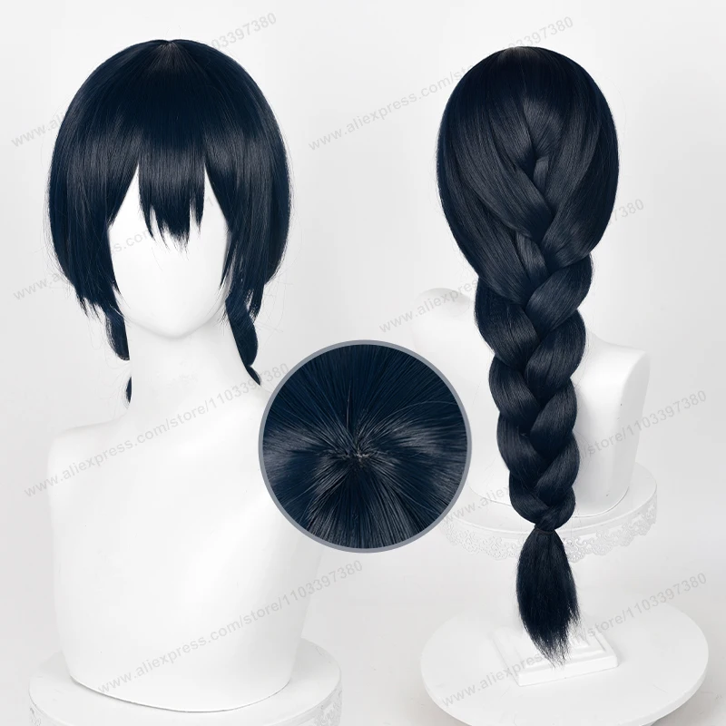 Парик для косплея аниме (60 см), термостойкий синтетический, с черными и синими волосами, с шапочкой, для ролевых игр