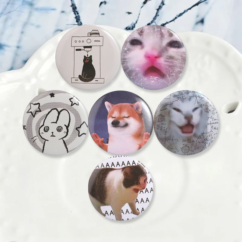 Cute Animal Meme Tinplate Soft Button Pins Cute Cartoon Dizzy Rabbit Coffee Cat Shiba Inu Shrug Metal Brooch Badge Jewelry Gifts