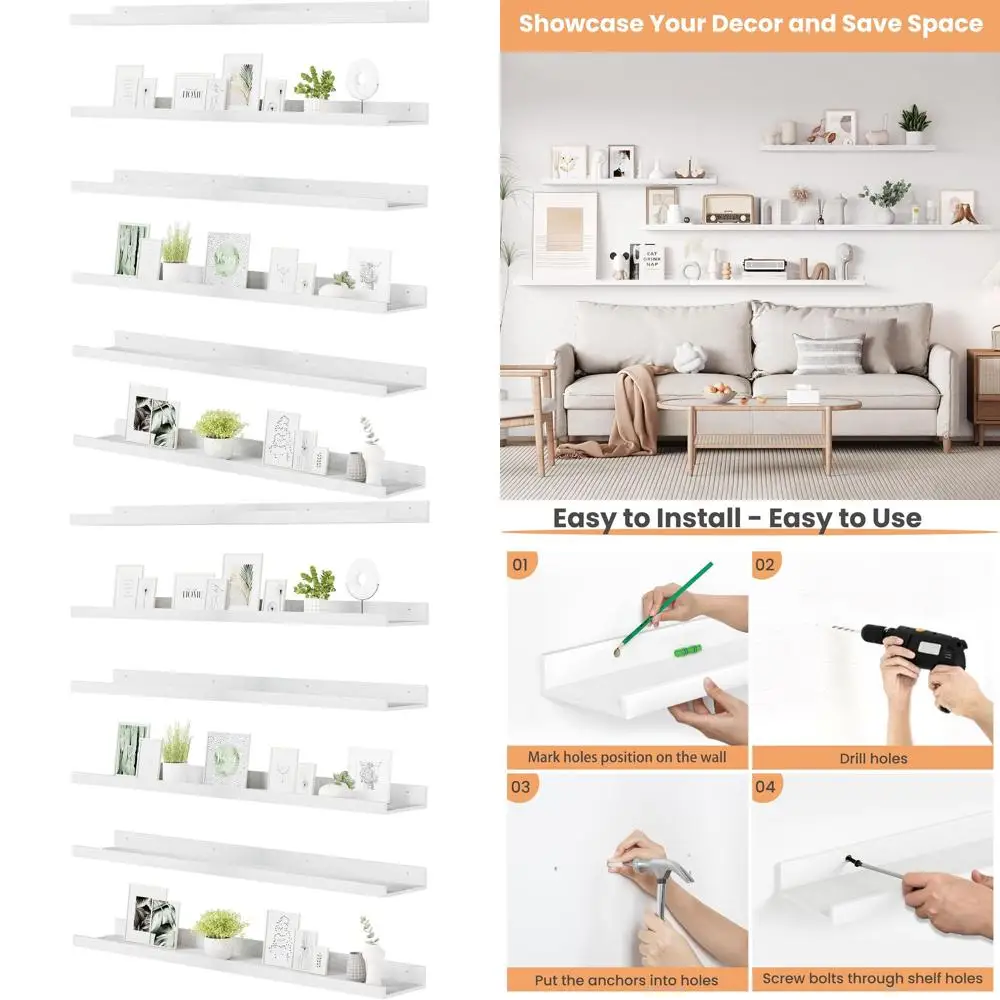 

Настенные белые плавающие полки, набор из 6 шт., длина 47,3 длина для домашнего декора и хранения вещей