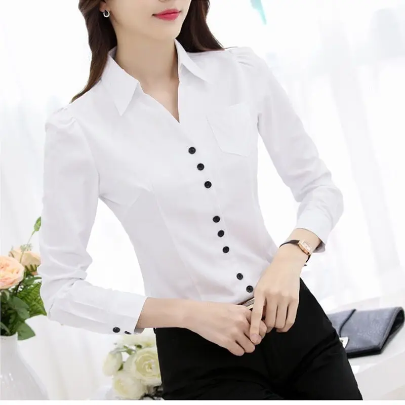 2022 New Spring and Autumn Fashion Trend Leisure Commuting Professional V-neck Women's Solid Color Panel Pocket Slim Fit Shirt