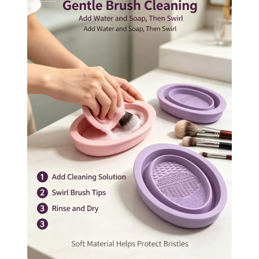Makeup Brush Cleaning Tool,1pcs Silicone Brush Cleaner Pad Foldable Portable Cleaning Bowl For Makeup Brushes - view 4
