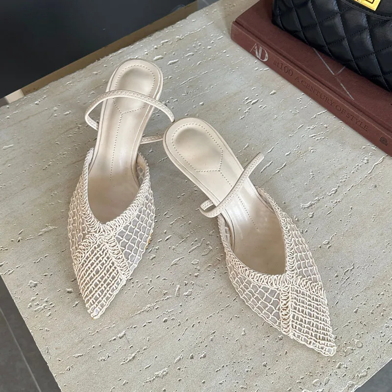 

Fashion Hollow Mesh Woven Brand Pumps Women Comfort Pointed Toe Shallow Heels Sandals Elegant Thin Heels Designer Shoes Big Size