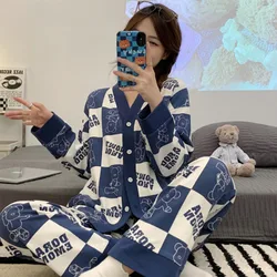 Women‘s Pajamas Cardigan Plaid Tops and Trousers Sleepwear Homewear Casual Cute Caroon Nightwear Loungewear Autumn and Winter