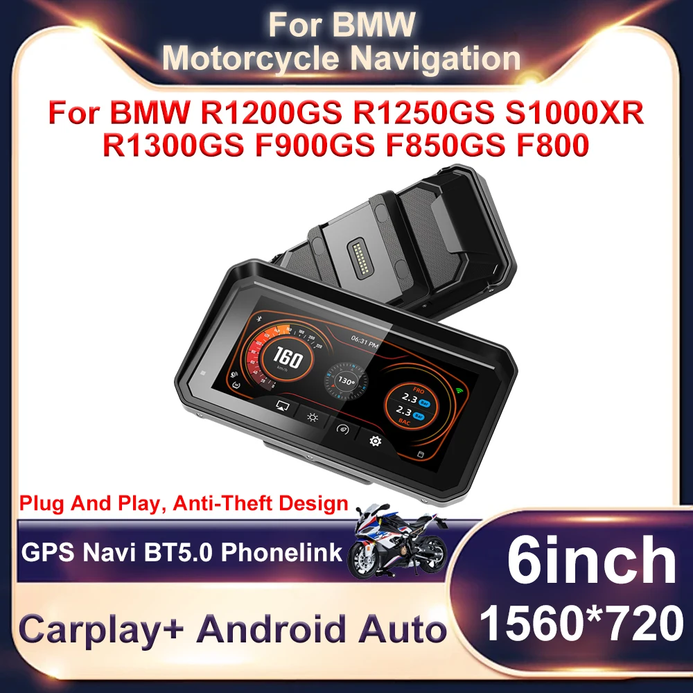 

6" For BMW R1200GS R1250GS S1000XR Wireless CarPlay Moto Android Auto Portable Digital Motorcycle 2K HD Dashboard GPS Navigation