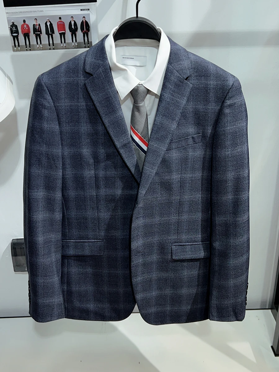 

Busin Formal Plaid Woolen Suit Jaet for Men Wedding Young Slim Fit Casual Polyester Fiber round Hemline Single Slit