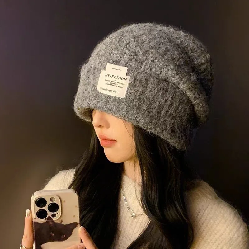 Winter Warm Beanies Cap for Women Girls Solid Color Letter Label Pullover Hat Outdoor Thermal Ear Protection Wool Knitting Hats